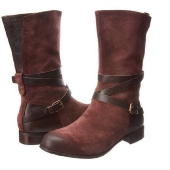 Ugg Deanna Bordeaux Leather Suede Mid-Calf Boots Size 6.5 Zipper & Buckle Straps - Picture 1 of 11